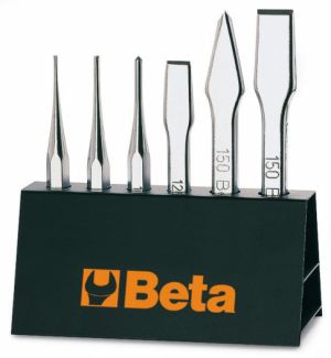 Zámečnická sada obsahující vyrážeče, důlčíky, sekáče v plastovém stojanu. 6 kusů zámečnického nářadí BETA v praktickém stolním stojanu, vyrážeč-sekáč-důlčík v sadě