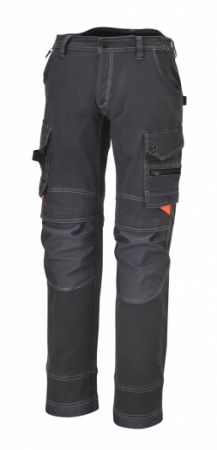 Pracovní kalhoty s několika kapsami, plachtovina T/C 260 g/m2, šedá, dolníčásti nohavic vyztuženy polyesterem 600D, rozkrok odolný vůči dehtu