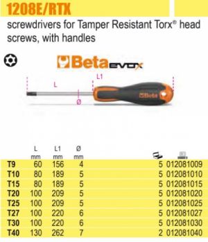 Šroubovák TORX s dírkou, na hlavy Tamper Resistant Torx®, šroubováky Torx s dírou otvorem  BETA 1208E/RTX 