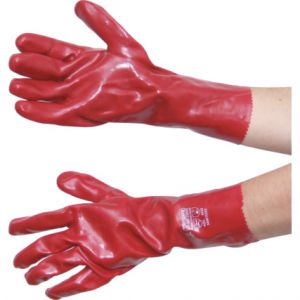 Plně máčené pevné  pružné pracovní rukavice máčené v PVC. Otevřené manžety s žerzejovou podšívkou.