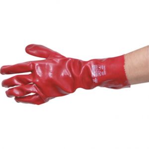 Plně máčené pevné  pružné pracovní rukavice máčené v PVC. Otevřené manžety s žerzejovou podšívkou.