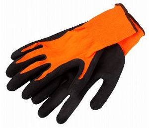 Rukavice pracovní oranžový úplet z jemného nylonu, dlaň máčena v černé latexové pěně, latex, měkké pracovní rukavice s pogumovanými prsty jemné