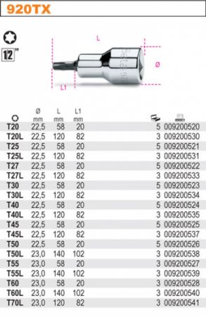 Profesionální Hlavice Torx BETA, délka 120mm / 140mm T20 T25 T27 T30 T40 T45 T50 T55 T60 T70 prodloužené torxy na 1/2" golu,dlouhý torx na golu 12cm extra dlouhé hlavice torx  profi 