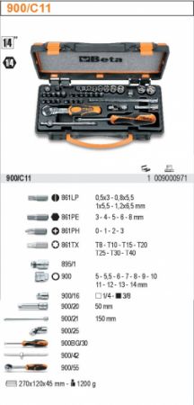 malá gola profi sada 1/4" Beta 900/c11 profi gola 1/4" s bity 1/4" SADA 11 HLAVIC A KONCOVEK BETA 1/4'', sada bitů s příslušenstvím