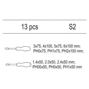Vložka do zásuvky - sada šroubováků 13ks, ložka s nářadím do dílenského vozíku, zámečnické šroubováky, set se 13 šroubováky