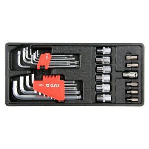 Vložka do zásuvky - imbus 2-12mm, torx T10-T50, 1/2" E10-E20, adaptéry M5- M12, pouzdro s nářadím pro uložení do šuplíku dílenského vozíku, sada nástrčných klíčů