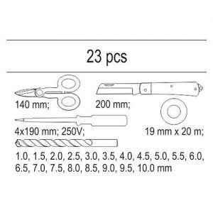 Vložka do zásuvky - izol. páska, zkoušečka, nůžky, montážní nůž, sada vrtáků 1-10mm, profesionální elektromontážní nářadí v organizéru pro uložení do šuplíku dílenského vozíku