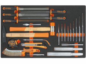 Sada profesionálního nářadí BETA v měkkém lisovaném pořadači, komplet 24 kusů pilníků, sekáčů, kladivo, metr, drátěný kartáč, nůž v modulu, set  BETA  pro uložení v dílenském vozíku