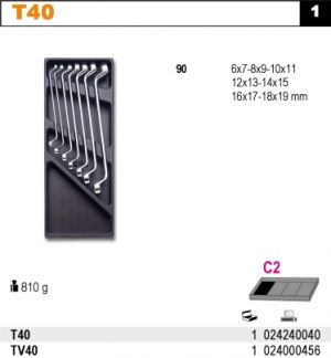 Sada vyhnutých klíčů BETA 90 v plastovém pořadači 7 ks BETA T40  modul do dílenského vozíku vyhnuté očko 6-19mm , klíč hluboce vyhnutý 6x7 - 8x9 - 10x11 - 12x13 - 14x15 - 16x17 - 18x19mm  DIN 838 