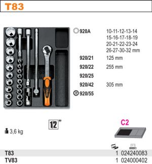 sada GOLA 1/2" Beta v modulu do dílenského vozíku půlcoulová gola Beta T83 a ořechy do servisního vozíku,profesionální gola Beta 1/2" 920 v plastovém pořadači gola 10mm až 32mm 