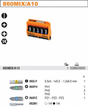 Sada šroubováků bitů Beta s magnetickým držákem do vrtačky, 10 ks bitů v plastovém pouzdru BETA sada bitů s magnetickým držákem