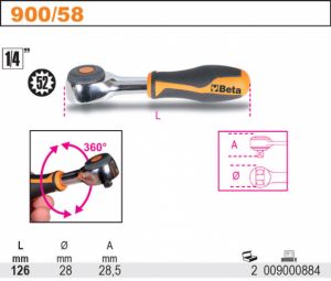 rotační ráčna Beta 1/4" 900/58- 3/8" 910/58- 1/2" 920/58 s otočnou rukojetí speciální malá ráčna , 52 zubů, ráčna s kardanem , vratidlo ráčnové s otočnou rukojetí do dílny, autoservisu