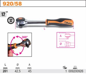 rotační ráčna Beta 1/4" 900/58- 3/8" 910/58- 1/2" 920/58 s otočnou rukojetí speciální malá ráčna , 52 zubů, ráčna s kardanem , vratidlo ráčnové s otočnou rukojetí do dílny, autoservisu