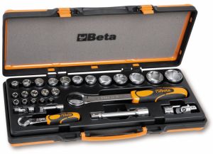sada gola 1/4"a1/2" Beta profi gola Sada 22 šestihranných nástrčných hlavic kovovém obalu, 1/4" ráčna a 1/2" ráčna v sadě v plechovém kufříku BETA