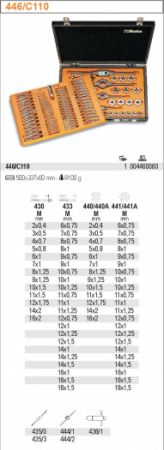 Sada závitníků a oček jemné stoupání M2 až M18 z chromové oceli pro opravy automobilů, závitníky a závitová očka v dřevěné krabičce, metrický závit, sada na závity v dřevěném kufříku BETA 446/C110