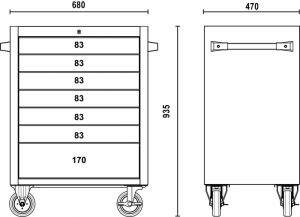 Vozík BETAC04 TSS/7 z nerezové oceli se sedmi zásuvkami, nerezový pojízdný servisní vozík se 7 šuplíky pro moduly s nářadím, nerezovýšuplíkový vozík skříňka