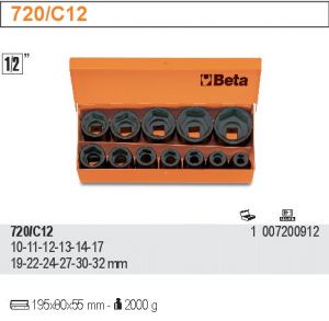 Sada BETA, nástrčné hlavice, ořechy, šestihranné s hnízdem 1/2"- 12 KS, dvanáct nástrčkových nástavců pro rázovou rukojeť.