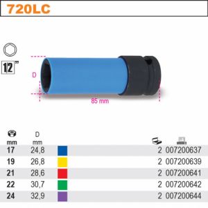 dlouhý ořech s plastem na alu kola 17mm 19mm 21mm 22mm 24mm  na matice kol s barevnými polymerovými vložkami ořech dlouhý s plastem na rázový utahovák,hlavice s ochranou na hliníková kola kovanný Beta