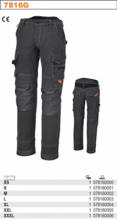 Pracovní kalhoty s několika kapsami, plachtovina T/C 260 g/m2, šedá, dolníčásti nohavic vyztuženy polyesterem 600D, rozkrok odolný vůči dehtu