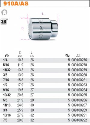 hlavice palcová inch americký ořech na golu 3/8" Beta 910A/AS 1/4"-5/16"-11/32"-3/8"-7/16"-1/2"-9/16"-19/32"-5/8"-11/16"-3/4"-13/16"- 7