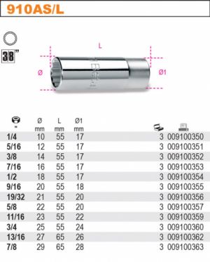 3/8" palcové 12hranné ořechy BETA v prodloužené variantě, dlouhá palcová hlavice na 3/8" golu dvanáctihranné 1/4"-5/16"-3/8"-7/16"-1/2"-9/16"-19/32"-5/8&qu