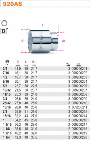 hlavice palcová inch dvanáctihran 1/2"  BETA920AS,3/8"-7/16"-1/2"-9/16"-19/32" -5/8"-11/16"-3/4"-25/32"-13/16"-7/8"-15/16"-1"-1.1/