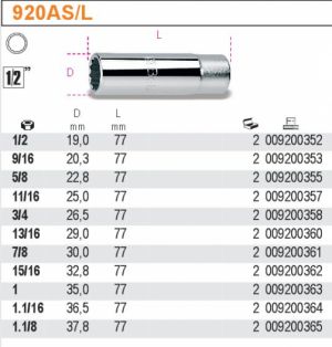 1/2" palcová dvanáctihranná dlouhá hlavice ořech BETA  920AS/L  prodloužené palcové ořechy dvanáctihranné 