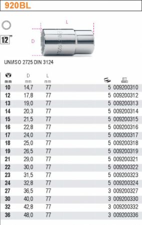 dlouhý dvanáctihranný ořech hlavice na 1/2" golu 10 až 36 mm prodloužené dvanáctihranné ořechy na půlcoulovou golu dlouhý ořech tisícihranný vnitřní Beta 920BL  10mm 12mm 13mm 14mm 15mm 16mm 17mm