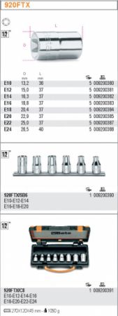 hlavice E Torx obrácený Torx Beta 920FTX, vnitřní Torx hlavice pro šrouby s hlavou  Torx®  na 1/2" golu Torf E 10 - E12 - E14 - E16 - E18 - E20 - E22 - E24  ořech na šroub Torx vnější 