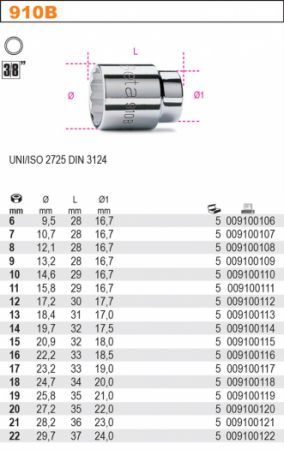 12-tihranná hlavice na 3/8" golu 6-22mm Beta 910B 3/8" profi ořech dvanáctihranný  BETA, metrické ořechy12-tihranné hlavice na 3/8" golu, hlavice vnitřní tisícihran na 12hrannou matku 