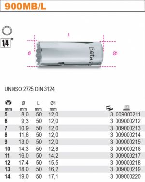 Profi prodloužená dvanáctihranná hlavice 1/4", Beta DIN3124, dlouhý oříšek BETA na malou golu, gola hlavice BETA 1/4", 12-tihranná gola jednačtvrtina profesionální hlavice gola