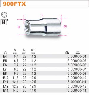 Hlavice vnitřní E-Torx® - vnitřní Torx - obrácený Torx pro golu 1/4" , Torx E, ořech hlavice opačný torx BETA E4-E5-E6-E7-E8-E10-E11-E12-E14 hlavička  obrácený Torx vnitřní 