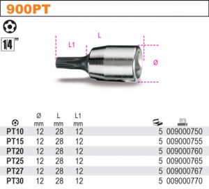 Torx pětihvězda s otvorem Nástrčné klíče BETA pro šrouby s pětihvězdičkovou hlavou, hlavice pětihvězda  na 1/4" golu