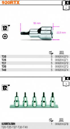  hlavice Torx TR20 TR25 TR27 TR30 TR 40  s otvorem na golu 1/2" Nástrčné hlavice BETA pro šrouby s hlavou Tamper Resistant Torx®, nástavce na 1/2" golu Torx s otvorem BETA 