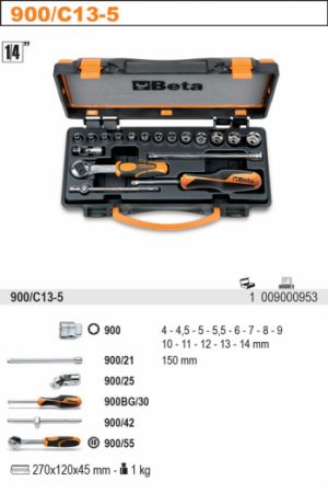 1/4" gola sada BETA v kufříku, 13 šestihranných ořechů 4-14mm + 5 kusů dalšího příslušenství