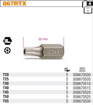 Bit 10mm torx s dírou Tamper Resistant Torx®, Torx s dírou, bit pro hlavy šroubů Tamper Resistant Torx® s otvorem , torx BETA 867RTX s dírkou a šestihranem 10 mm náhradní bits do 40 dílné sady T20-T50