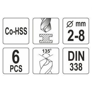 sada cobaltových vrtáků na nerez a pevnostní šrouby Sada vrtáků na kov 6ks HSS-COBALT 2-8mm cobaltový vrták 2, 3, 4, 5, 6, 8 mm profi vrtáky HSSCo5