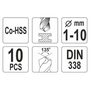 Sada vrtáků na kov 10ks HSS-COBALT 1-10mm pro použití do legované i nelegované oceli do pevnosti v tahu 900 N/mm2, do nerezové oceli V2A/V4A, šedé litiny, ocelolitiny a oceli odolné vůči kyselinám