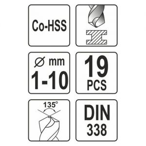 Sada vrtáků na kov 19ks HSS-COBALT 1-10mm  pro použití do legované i nelegované oceli do pevnosti v tahu 900 N/mm2, do nerezové oceli V2A/V4A,  šedé litiny, ocelolitiny a oceli odolné vůči kyselinám
