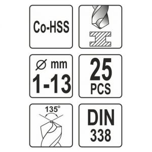 Sada vrtáků na kov 25ks HSS-COBALT 1-13mm pro použití do legované i nelegované oceli do pevnosti v tahu 900 N/mm2, do nerezové oceli V2A/V4A, šedé litiny, ocelolitiny a oceli odolné vůči kyselinám