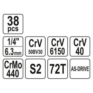 Gola sada 1/4" 38 ks XS,  gola ořechy, nástrčné bity, prodlužovací nástavce, nástavec kloubový, ráčna s plastovou rukojetí, ráčna typu "T", nástavec s rukojetí.