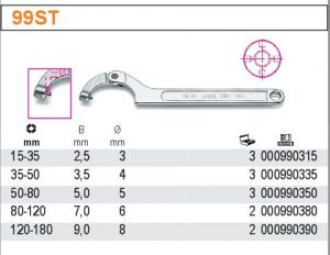 Hákový klíč BETA 99ST stavitelný s kulatým čepem 15 - 180 mm, čepy - 3-4-5-6-8 mm.hákový stavitelní klíč s kulatým čepem pro matice s bočnímy otvory,