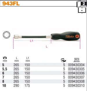 šroubovák na matice  ohebný  Beta 943F šroubovák ohebný s bovdenem na hadicové spony ohebný šroubovák s šestihranným ořechem 5mm 5,5mm 6mm 7mm 8mm  10mm šroubovák ohebný na matice a šrouby 