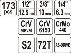 Gola sada velká v plastovém kufru součástí jsou 3 ráčny 1/2", 3/8" a 1/4" nástrčné klíče ve velké sadě se třemi ráčnami