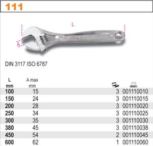 Klíč stavitelný francouzák 100mm 150mm 200mm 250mm 300mm 380mm 450mm 600mm profi Beta 111E stavitelný přesný klíč nastavitelný klíč šroubem francouzský klíč stavitelný francouzák DIN3117 ISO 6787