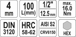 Imbus prodloužený 100mm dlouhý nástavec na 1/2" ráčnu imbusový bit  H4 H5 H6 H7 H8 H10 H12 H14 H17