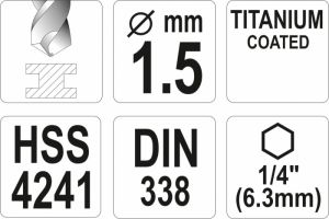 Vrták 1,5 mm do kovu s šestihranným unašečem 1/4" titanový vrták na kov do akuvrtaček akušroubováku vrták s šestihranem do magnetického unašeče vrtačky