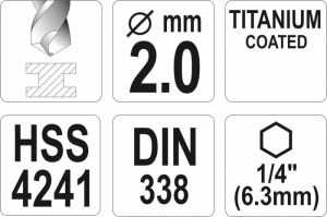 Vrták 2,0 mm do kovu s šestihranným unašečem 1/4" titanový vrták na kov do akuvrtaček akušroubováku vrták s šestihranem do magnetického unašeče vrtačky