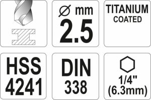 Vrták 2,5 mm do kovu s šestihranným unašečem 1/4" titanový vrták na kov do akuvrtaček akušroubováku vrták s šestihranem do magnetického unašeče vrtačky