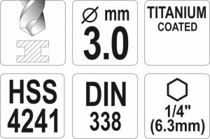 Vrták 3,0 mm do kovu s šestihranným unašečem 1/4" titanový vrták na kov do akuvrtaček akušroubováku vrták s šestihranem do magnetického unašeče vrtačky